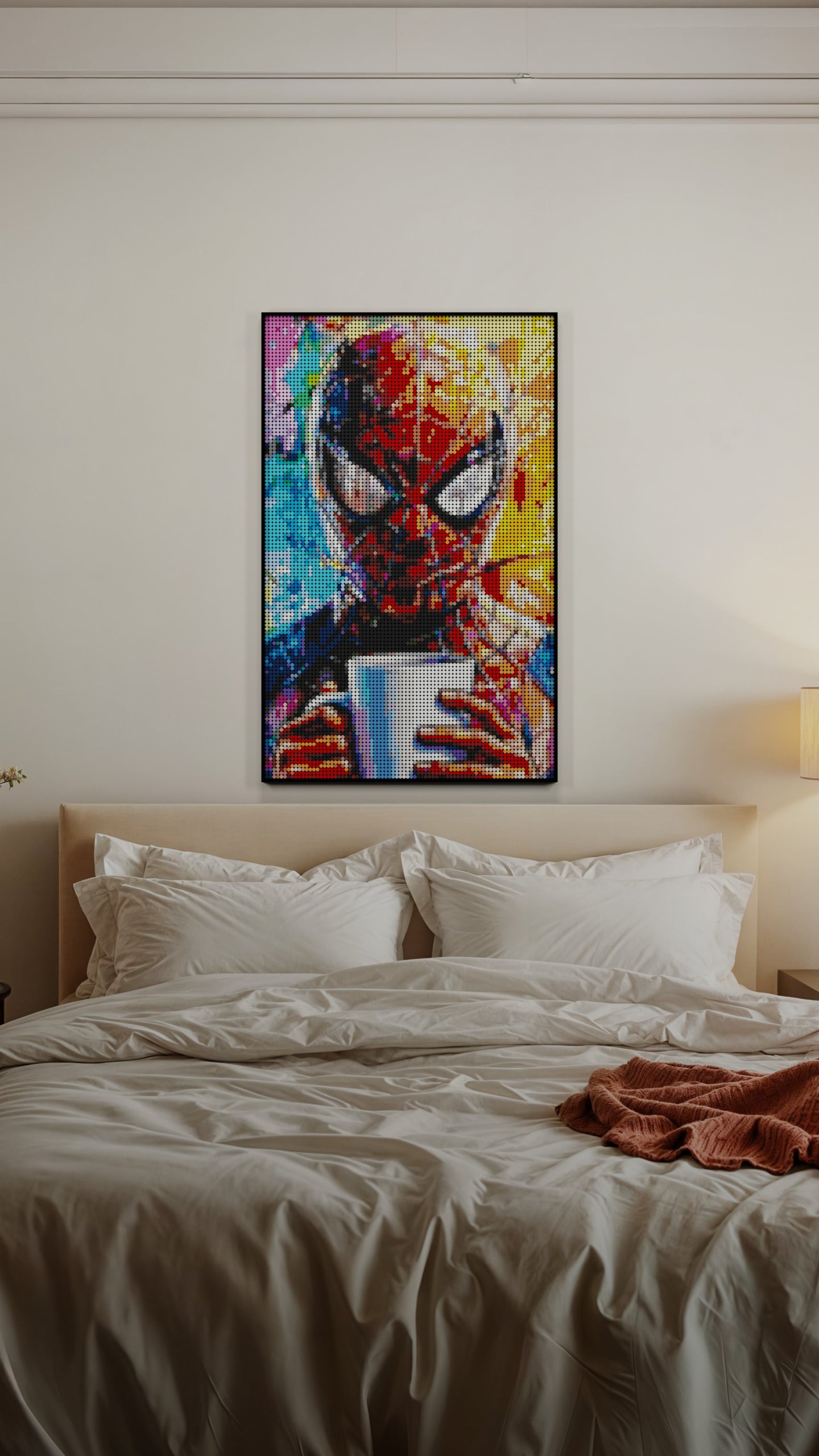 Spiderman LEGO® Style mosaic wall art made from colorful plastic bricks